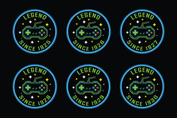 Vintage gaming badges with controller icons and legend since 1925-1930