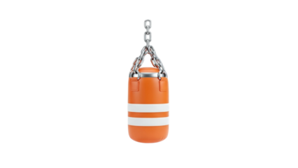 3D Orange Punching Bag with White Stripes Hanging on Chain on transparent background