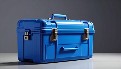 “Bright blue plastic toolbox with metal latches and top handle on gray background”