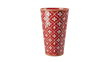3D Red patterned vase with white quatrefoil and lightning bolt design on transparent background