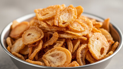 A detailed shot of the crispy, fried shallot flakes bawang goreng that garnish many dishes in a small stainless steel bowl.