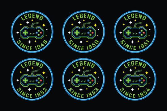 Retro gaming badges with legend labels for gamers and enthusiasts