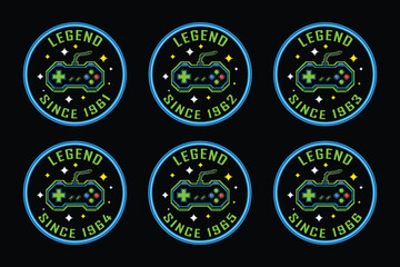 Retro gaming badges with vintage controller designs and legend text