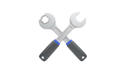 3D Two crossed wrenches with grey handles and blue accents on transparent background