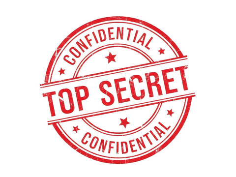 Red confidential top secret stamp graphic with stars on transparent background