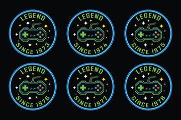 Retro gaming badges with vintage controller designs and legend text