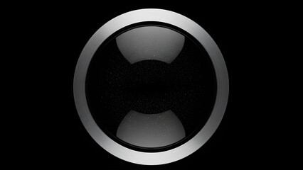 Brushed metal ring enclosing a domed glass lens on a stark black background.