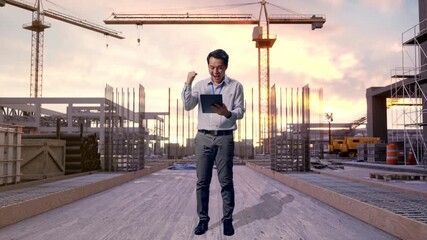 Full Body Of An Asian Male Professional Worker Standing With His Tablet at Construction Site while Sunset with Tower Cranes, He Raises His Fist Up With Screaming Goal After Typed On The Tablet
