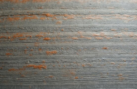 Textured surface of grey clay with horizontal orange stripes. This detailed macro shot shows rustic handmade pottery texture. Abstract background with natural earth tones and rough lines.