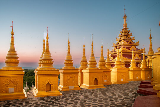Sunset at the Aung Sakkya Pagoda in the Maha Bodhi Ta Htuang Buddhist complex located in the town of Monywa, Sagaing Region of Myanmar