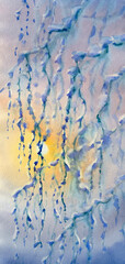 Frozen birch tree branches watercolor background