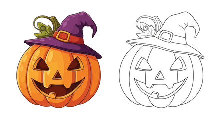Obraz premium Halloween Pumpkin Illustration: The spirit of Halloween comes alive with a grinning pumpkin sporting a whimsical witch hat, a symbol of playful spooky fun.