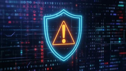 A glowing blue shield with an orange warning triangle at its center, set against a dark digital interface with data lines and dots, symbolizing a cybersecurity alert. - Powered by Adobe