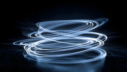 Abstract swirling light trails creating a luminous ethereal vortex of glowing blue energy against a deep black background artistic motion blur