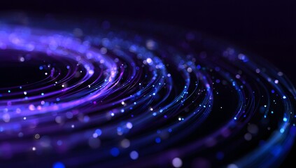 Abstract swirling vortex of luminous purple and blue particles creating a cosmic nebula or galaxy effect with a dark background