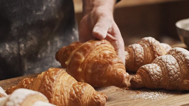A baker brushing butter on freshly made croissants.