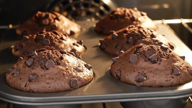 Delicious chocolate muffins baking in an oven with chocolate chips.