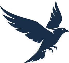 Obraz premium Silhouette of a dark bird in flight with wings outstretched against a white background, symbolizing freedom and nature