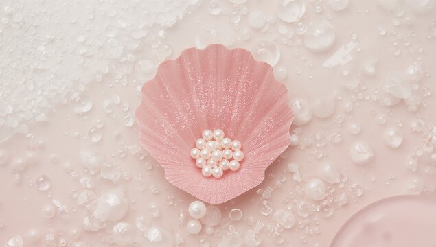 Pale Pink Shell with Pearls, Abstract Background with Crystals and Bubbles