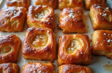 Golden brown kouign amann pastry squares baked with flaky caramelized layers. A sweet buttery treat sprinkled with sea salt for a perfect balance of flavor.
