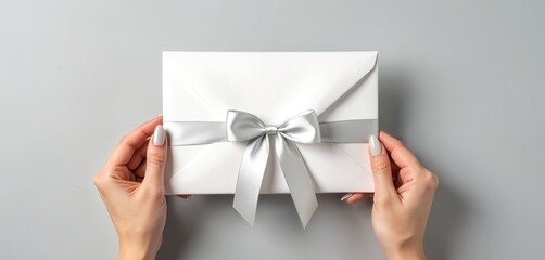 Obraz premium Woman hands hold white envelope with silver ribbon bow. Blank card for message or gift certificate. Empty space for text on light grey background.