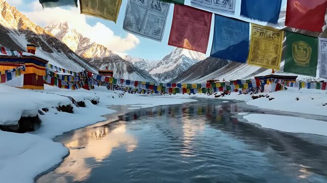 Tibetan New Year Losar Background with Prayer Flag Reflections on Icy River