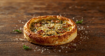 Rustic Tart Presentation on Textured Wood Surface, Warm Light and Golden Crust Detail.