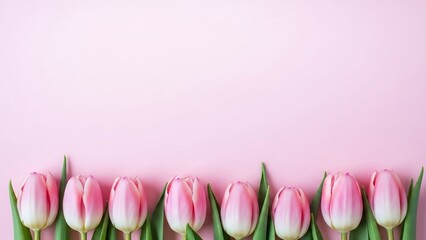 Beautiful pink tulips arranged in a row on a pastel pink background.