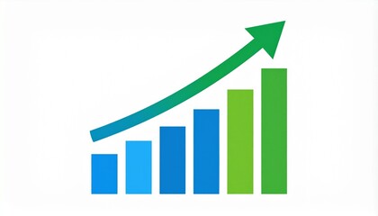 Business growth chart with upward arrow and increasing bar graphs.