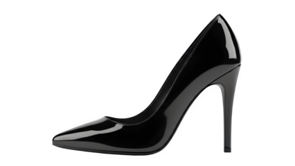 Classic black patent leather stiletto pump with pointed toe isolated on white background