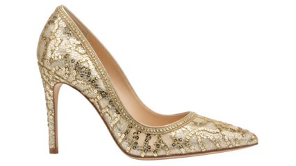 Glamorous gold sequined lace high heel pumps with intricate embroidery isolated on white