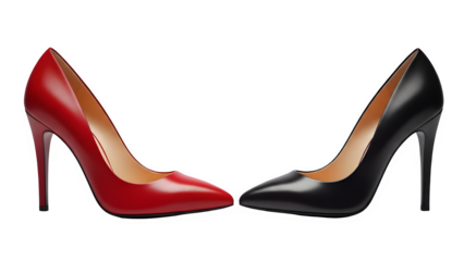 Red and black high heel stiletto pumps facing each other isolated on white background