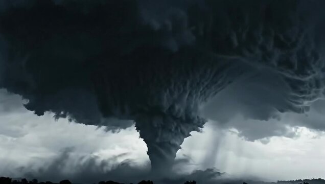 Dramatic Tornado Forming in Dark Storm Clouds with Intense Lightning