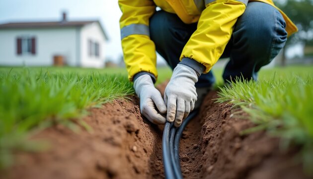 Worker in yellow jacket and gloves installs black cables into a ground trench. Construction worker laying wire, connection for house utility project. Rural residential area job site, outdoors.