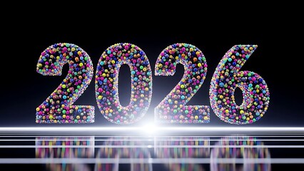 Colorful 2026 numbers with confetti and light effect on black background