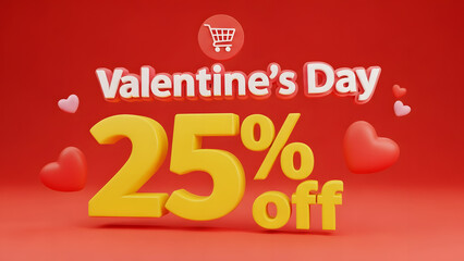 Valentine's Day 25% Off Sale with Red Hearts and Shopping Cart Icon discount promotion
