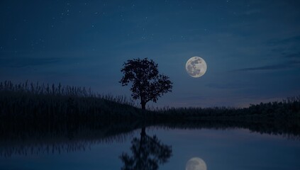 Tranquil Lunar Reflection. A Nightscape of Still Water and Silhouette, Under a Starry Sky.