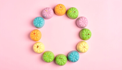 A vibrant and graphic image of rainbow-colored Kue Apem steamed rice cake arranged in a circular pattern in a top-down view on a pastel background.
