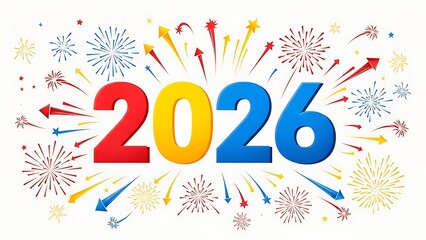 Colorful fireworks and rockets exploding around 2026 text on white background celebrating new year