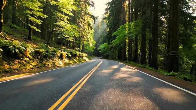 Steady wide cinematic view of a clean paved road dramatically sloping downhill, framed by lush, vibrant green temperate forest foliage on all sides cinematic, travel, cycling