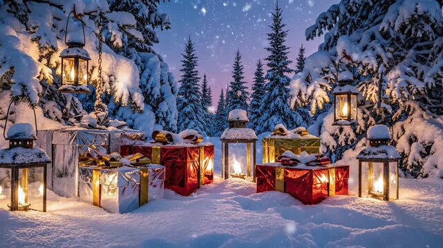 Winter Wonderland Gifts: A festive collection of glowing lanterns illuminates a snowy landscape filled with wrapped gifts, a serene and magical winter scene, evokes warmth and the spirit of giving.