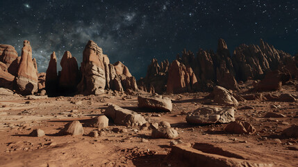 A dramatic night scene of a rugged desert landscape with towering rock formations under a brilliant starry sky.