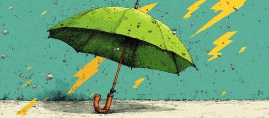 A green umbrella shields against rain and lightning in a stylized illustration