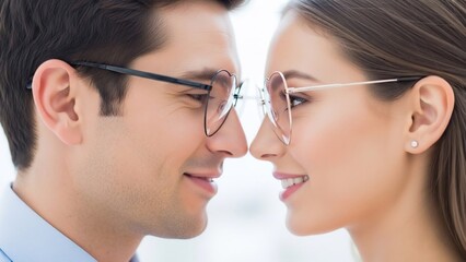 Close-up of a man and woman wearing glasses looking at each other.