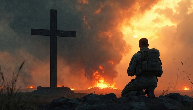 Soldier prays before large cross. Flames and smoke rise from battlefield behind him. He wears backpack and uniform. Divine intervention requested during war.