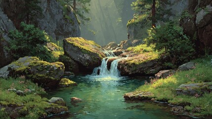 A pristine mountain stream flows through a lush, sunlit, forested canyon