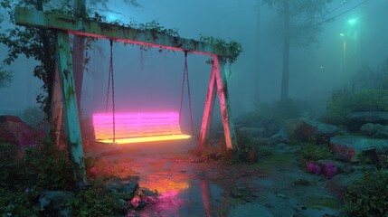 Mystical swing set glows with pink and orange light in a foggy park