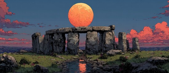 A sunset over a stone circle, giant moon in the sky