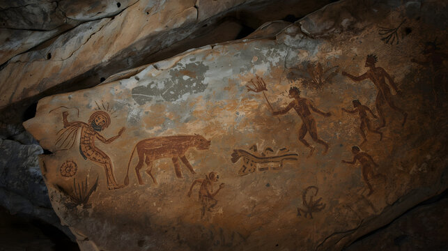 Ancient rock art depicting human figures and animals in a prehistoric hunting scene on a cave wall.