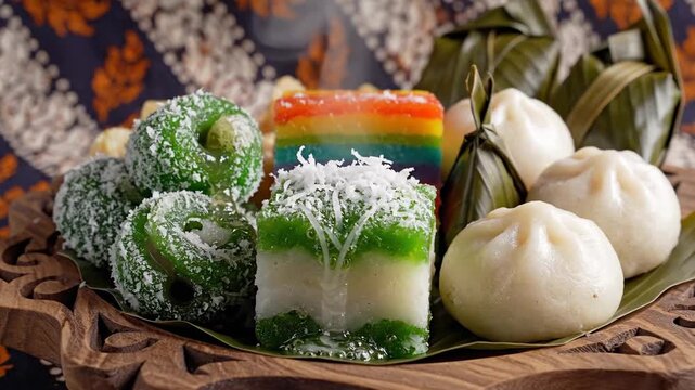 Assortment of colorful cakes and snacks displayed on wooden tray